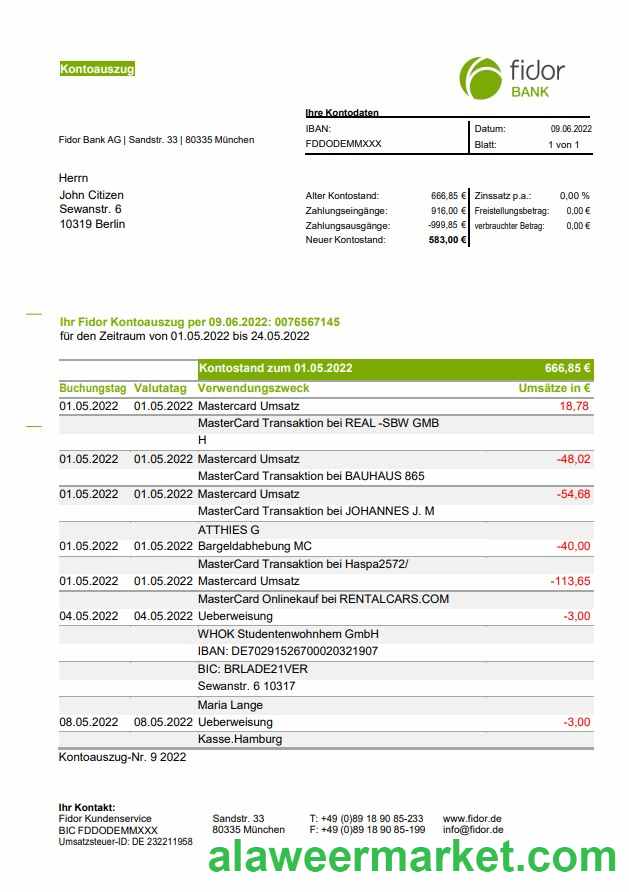 Germany Fidor bank statement
